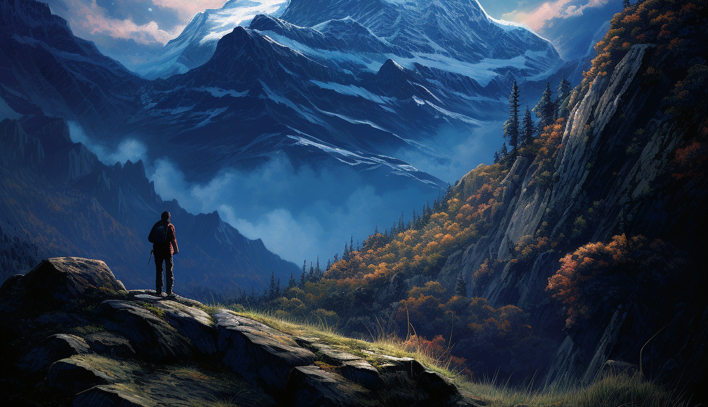 hiker staring off into the distant mountain ranges, thinking about mounting his hangboard